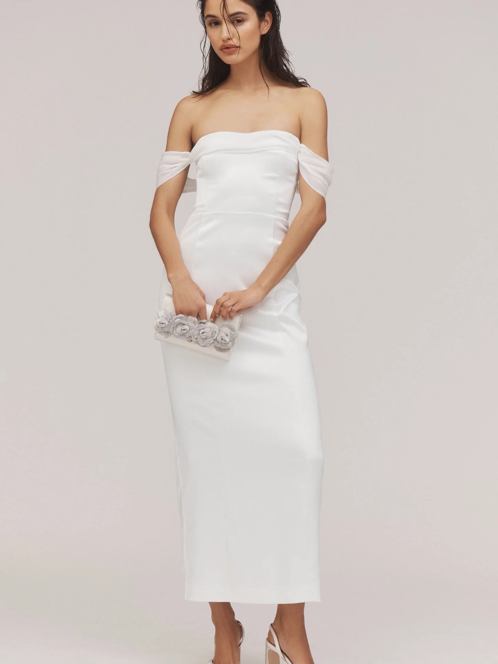 Off-Shoulder Midi Dress in White Like New